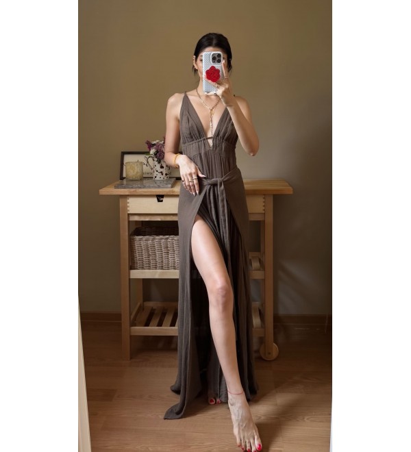 Kahve Kaftan Pamuk Kumas Elbıse 