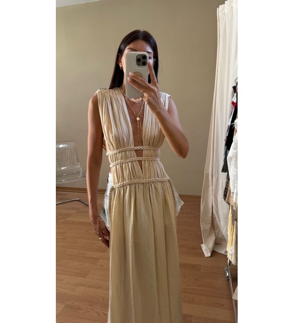 Bej Kaftan Orgu Kusaklı Elbıse