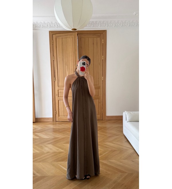 Kahve Elune Boyundan Baglamalı Pamuk Elbıse