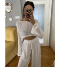 Beyaz Yuksel Bel Muslın Pantolon