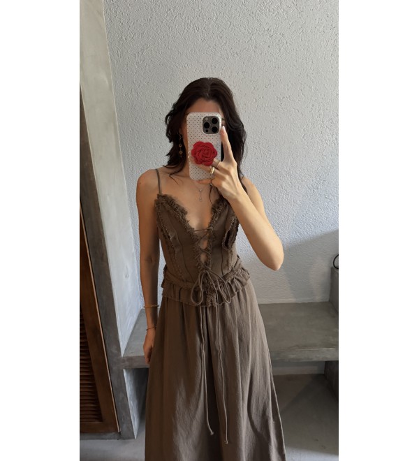 Kahve LUNARA HANDMADE Pamuklu Kumas Elbıse