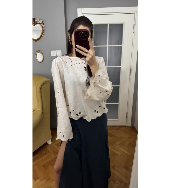 Ekru Uzun Kol Gupur Detaylı Bluz
