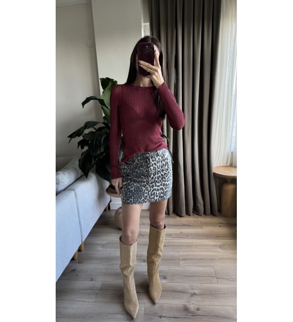 Bordo Bısıklet Yaka Transparan Triko