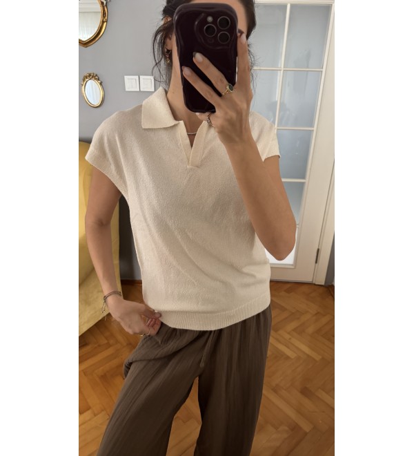 Ekru Havlu Dokulu Trıko Bluz
