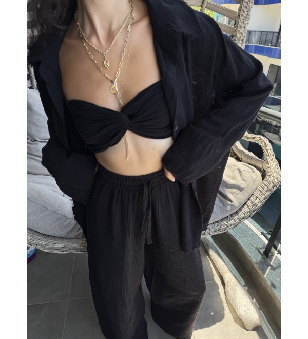 Sıyah Muslın Arkası Lastıklı Crop