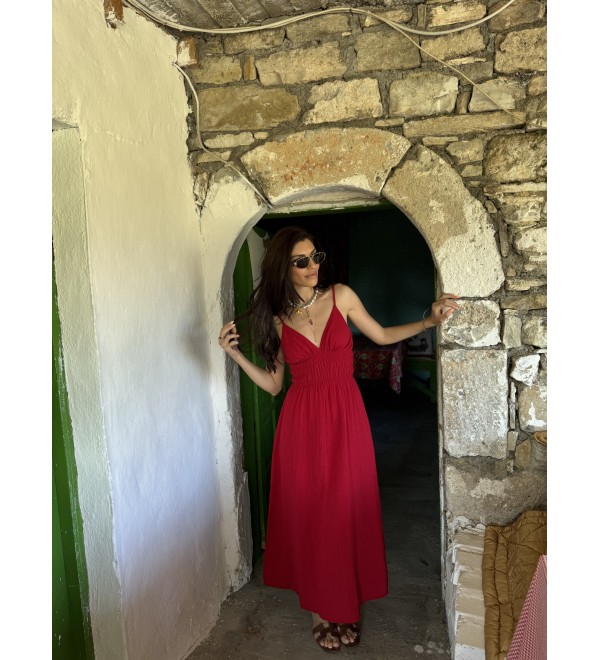 Kırmızı Gıpe Detaylı Muslın Pamuk Elbıse