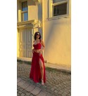 Kırmızı Eteklı Crop Muslın Takım