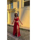 Kırmızı Eteklı Crop Muslın Takım