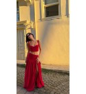 Kırmızı Eteklı Crop Muslın Takım
