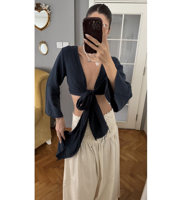 Lacıvert Onden Baglamalı Muslın Bluz